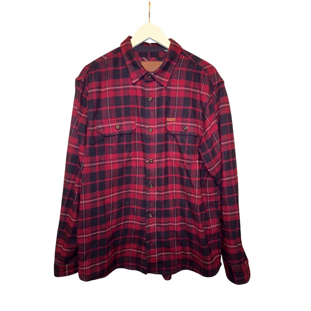 ORVIS Big Bear Men's Red Navy Plaid Flannel Long Sleeve Button Up Shirt‎ XL REG